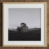 Lonely Brick House Art Print / Canvas Framed Black White Photograph Round Tree Roof with Muted Silver, Blank Sky Cloud Cover, Light Seeps