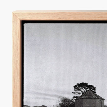 Lonely Brick House Art Print / Canvas Light Oak Wooden Frame Black White with Muted Silver, Blank Sky Cloud Cover, Seeps Through Prints