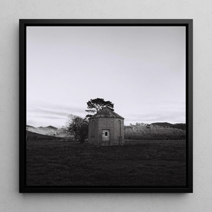 Lonely Brick House Framed Canvas, 12x12’’ / 31x31cm / Black Floating Frame, Framed Black White Photograph Round Stone Field