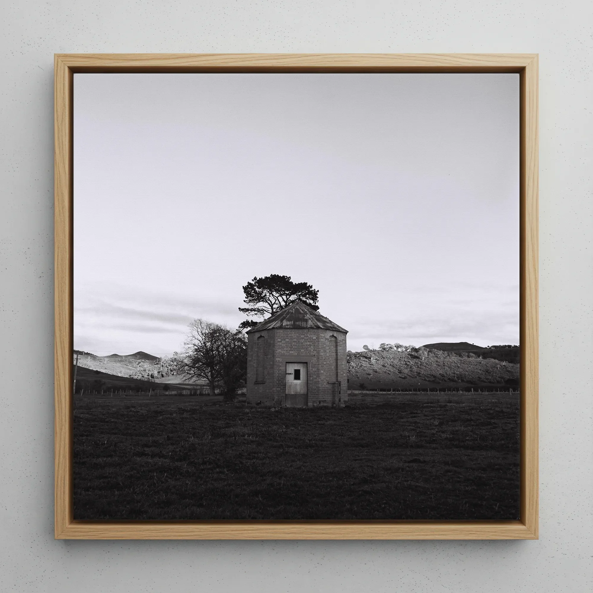 Lonely Brick House Framed Canvas, 12x12’’ / 31x31cm / Natural Floating Frame, Framed Square Black White Photograph Round Brick Field