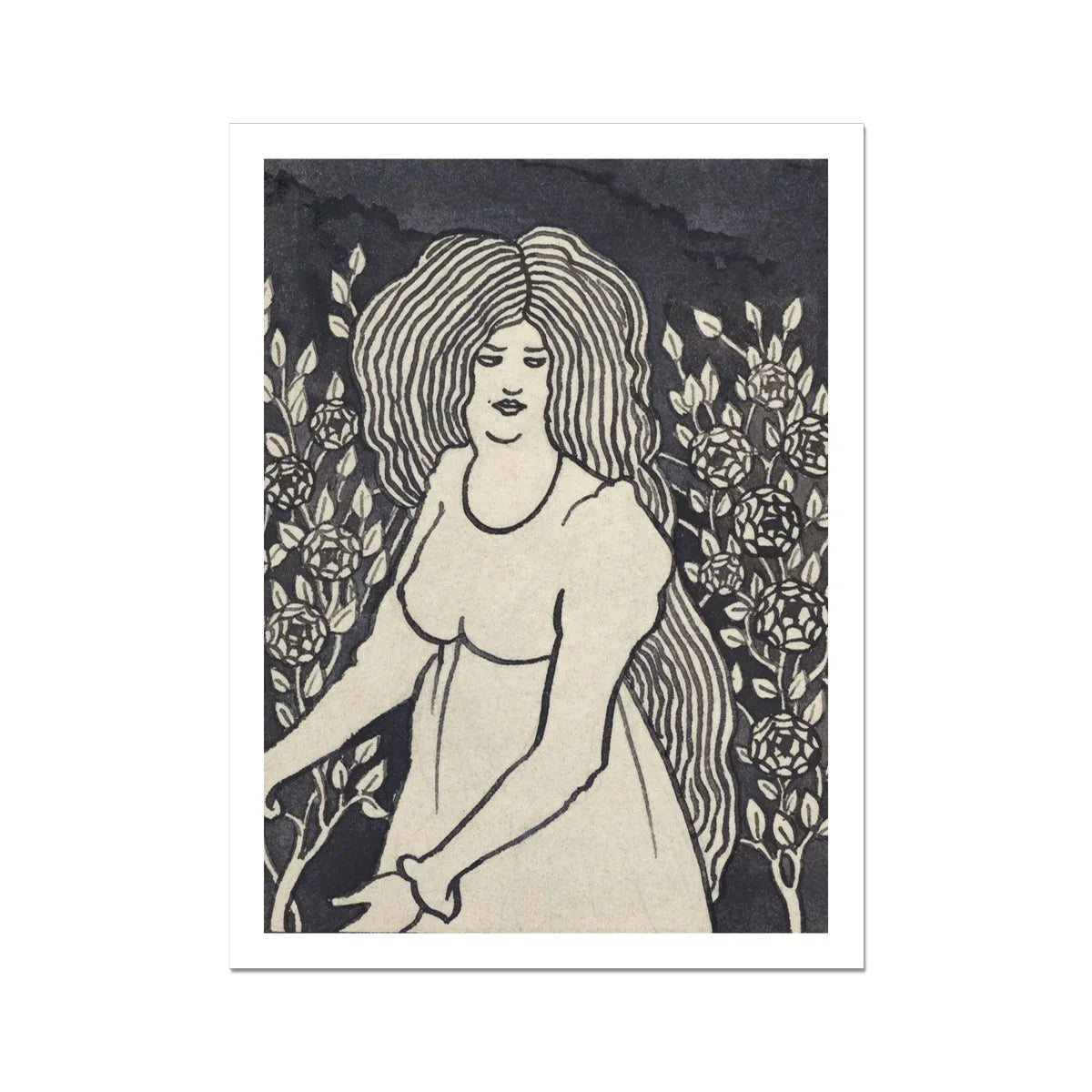 Long Haired Woman in Front of Tall Rosebushes Aubrey Beardsley Art Print, 18x24’’ / 46x61cm / Unframed, Art Nouveau Woman Hair