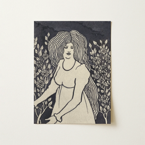 Long-haired Woman in Front of Tall Rosebushes - Aubrey Beardsley Art Print / Canvas, 12x16’’ / 31x41cm / Unframed / no Border, Posters