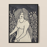 Long-haired Woman in Front of Tall Rosebushes - Aubrey Beardsley Art Print / Canvas, 12x16’’ / 31x41cm / Black Frame, Posters Prints &
