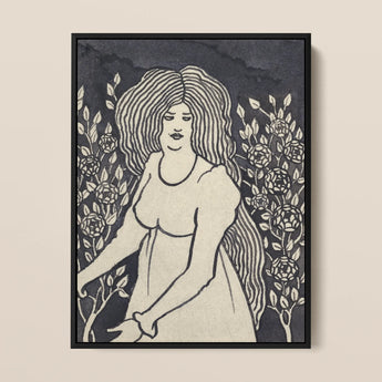 Long-haired Woman in Front of Tall Rosebushes - Aubrey Beardsley Art Print / Canvas, 12x16’’ / 31x41cm / Black Frame, Posters Prints &