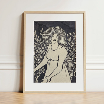 Long-haired Woman in Front of Tall Rosebushes - Aubrey Beardsley Art Print / Canvas, 12x16’’ / 31x41cm / Natural Frame / Matboard, Posters