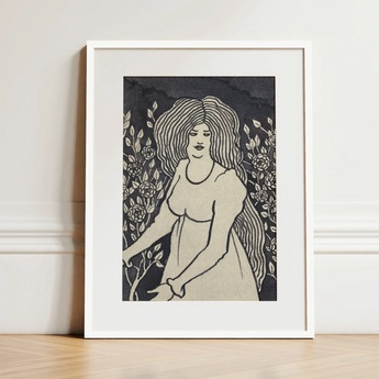 Long-haired Woman in Front of Tall Rosebushes - Aubrey Beardsley Art Print / Canvas, 12x16’’ / 31x41cm / White Frame / Matboard, Posters