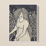 Long-haired Woman in Front of Tall Rosebushes - Aubrey Beardsley Art Print / Canvas, 12x16’’ / 31x41cm / White Frame, Posters Prints &