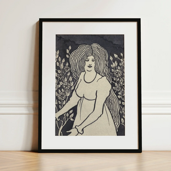 Long-haired Woman in Front of Tall Rosebushes - Aubrey Beardsley Art Print / Canvas Black-framed Art Print Stylized Illustration Woman Long