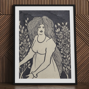Long-haired Woman in Front of Tall Rosebushes - Aubrey Beardsley Art Print / Canvas Black-framed Art Print Stylized Illustration Woman Long
