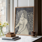 Long-haired Woman in Front of Tall Rosebushes - Aubrey Beardsley Art Print / Canvas Framed Artwork Stylized Illustration Woman Long Hair