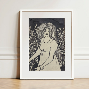 Long-haired Woman in Front of Tall Rosebushes - Aubrey Beardsley Art Print / Canvas Framed Black White Illustration Woman Long Hair