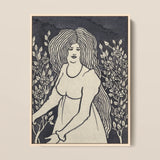 Long-haired Woman in Front of Tall Rosebushes - Aubrey Beardsley Art Print / Canvas Framed Black-and-white Linocut Print Woman Hair Floral