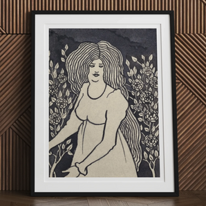 Long-haired Woman in Front of Tall Rosebushes - Aubrey Beardsley Art Print, Framed Art Print Woman Long Hair