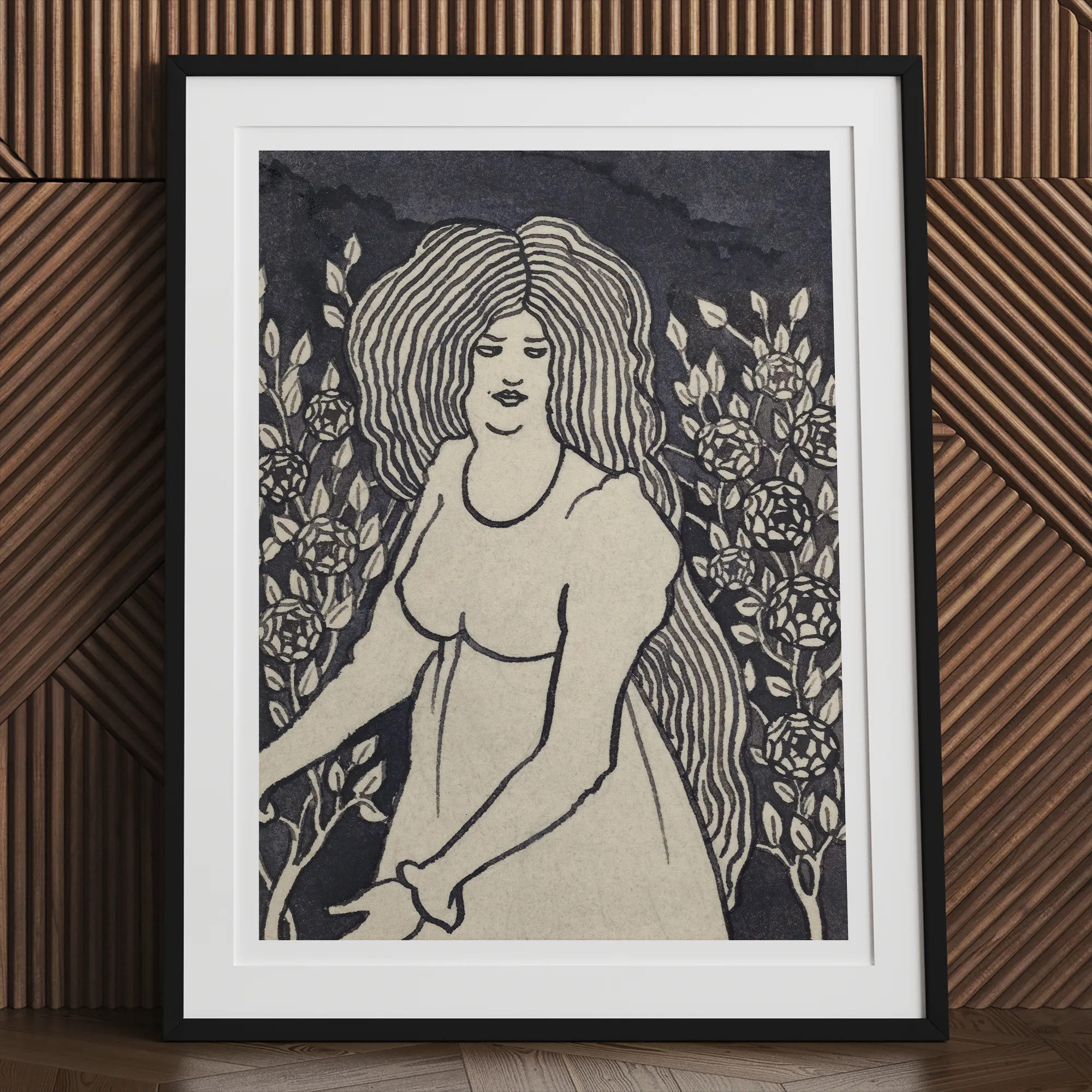Long Haired Woman in Front of Tall Rosebushes Aubrey Beardsley Art Print, Framed Art Print Woman Long Hair