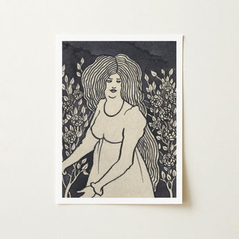 Long-haired Woman in Front of Tall Rosebushes - Aubrey Beardsley Art Print / Canvas Black White Linocut Long Wavy Hair, Silence Scored,