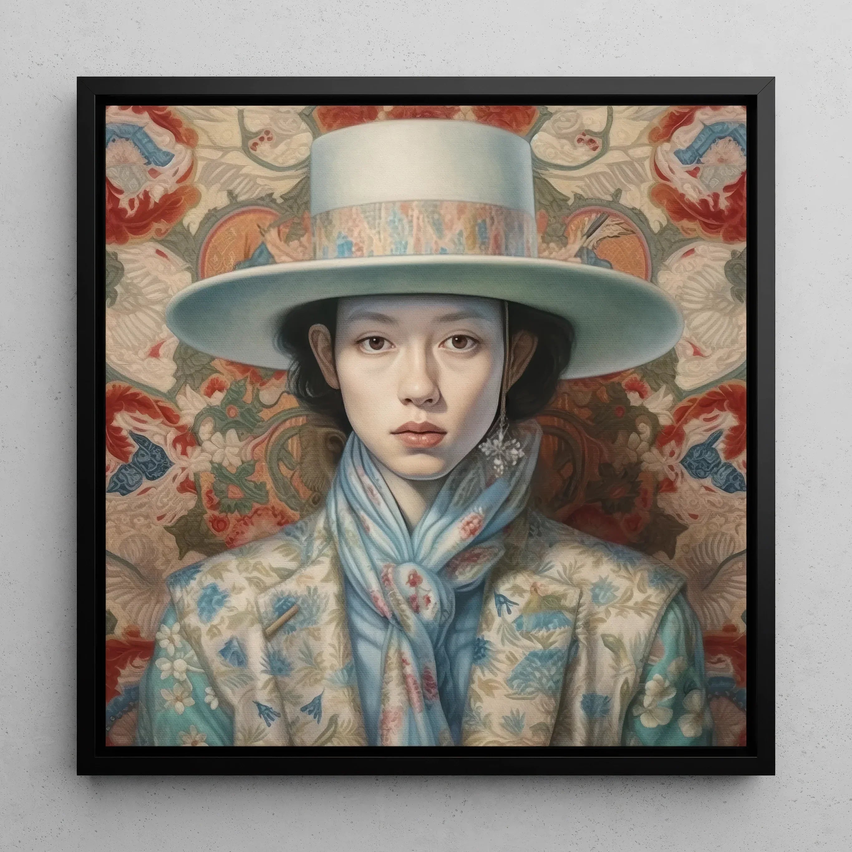 Longwei - Chinese Femboy Cowboy Art Framed Canvas, 12x12’’ / 31x31cm / Black Floating Frame, Portrait Young Woman Wide-brimmed Hat Floral