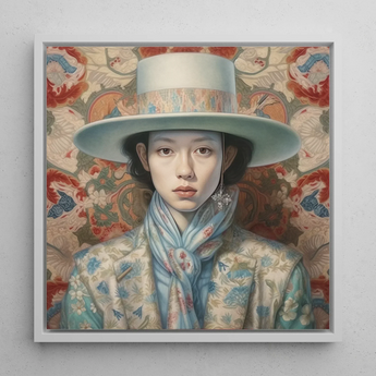 Longwei - Chinese Femboy Cowboy Art Framed Canvas, 12x12’’ / 31x31cm / White Floating Frame, Framed Portrait Woman Hat Patterned Clothing
