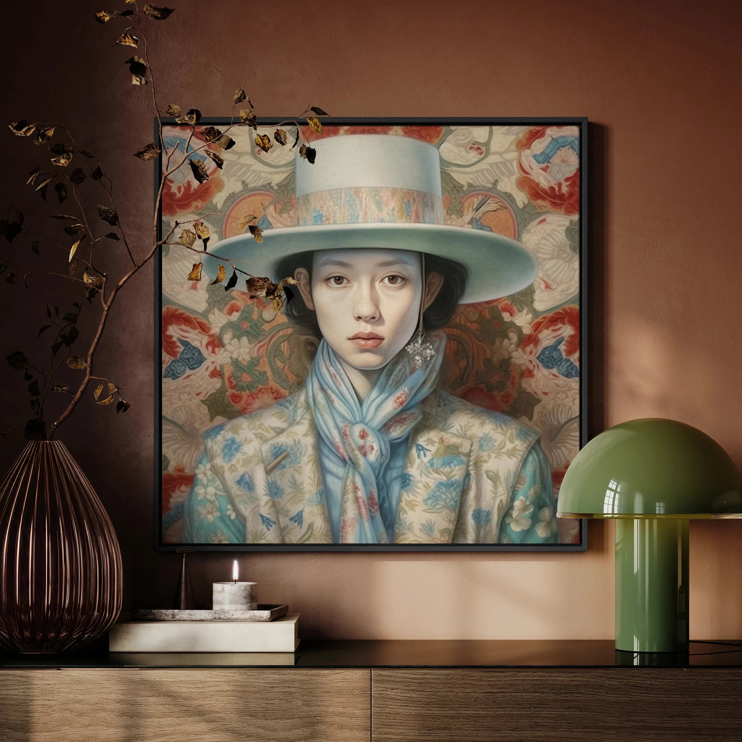 Longwei Chinese Femboy Cowboy Art Framed Canvas, Framed Portrait Painting Person Wide Brimmed Hat Patterned Clothing