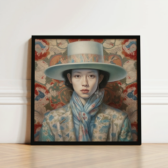 Framed Portrait Woman Elegant Light Blue Wide-brimmed Hat Dandy Gaysian Cowboy, Femboy Outlaw’s