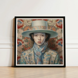 Framed Portrait Woman Light Blue Wide-brimmed Hat Floral Dandy Gaysian Cowboy, Elegant Femboy Outlaw’s