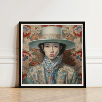 Framed Portrait Woman Light Blue Wide-brimmed Hat Floral Dandy Gaysian Cowboy, Elegant Femboy Outlaw’s