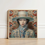 Framed Portrait Woman Elegant Light Blue Wide-brimmed Hat Dandy Gaysian Cowboy, Femboy Outlaw’s