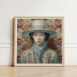 Framed Portrait Woman Light Blue Wide-brimmed Hat Floral Dandy Gaysian Cowboy, Elegant Femboy Outlaw’s