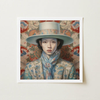 Longwei - Gaysian Femboy Cowboy Art Print / Canvas Framed Portrait Woman Elegant Light Blue Wide-brimmed Hat Dandy, Outlaw’s, Prints