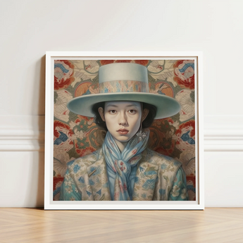 Framed Portrait Woman Elegant Light Blue Wide-brimmed Hat Dandy Gaysian Cowboy, Femboy Outlaw’s