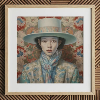 Longwei - Gaysian Femboy Cowboy Art Print / Canvas Blue Wide-brimmed Hat Floral Pattern Scarf Light Wood Dandy Gaysian Cowboy, Elegant