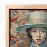 Framed Canvas Painting Woman Light Blue Hat Intricate Dandy Gaysian Cowboy, Elegant Femboy Outlaw’s
