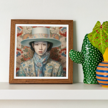 Longwei - Gaysian Femboy Cowboy Art Print / Canvas Framed Portrait Painting Gray Hat Blue Scarf Floral Dandy Gaysian Cowboy, Elegant Femboy