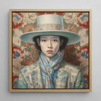 Longwei - Gaysian Femboy Cowboy Art Print / Canvas Framed Portrait Painting Woman Light Blue Wide-brimmed Hat Dandy Gaysian Cowboy, Elegant