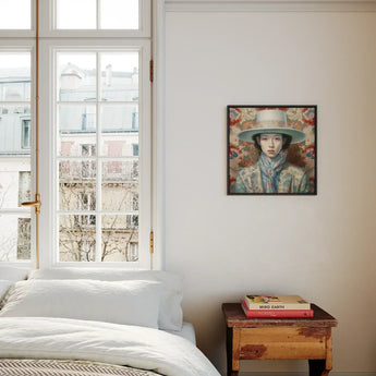 Longwei - Gaysian Femboy Cowboy Art Print / Canvas Framed Portrait Painting Woman Wide-brimmed Hat Patterned Scarf Dandy Gaysian Cowboy,