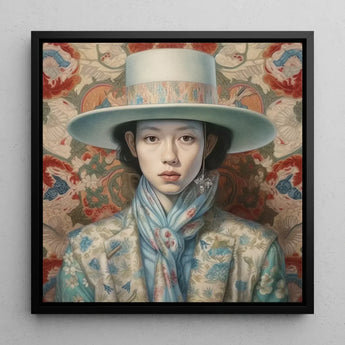 Longwei - Gaysian Femboy Cowboy Art Print / Canvas Framed Portrait Woman Elegant Light Blue Wide-brimmed Hat Dandy Gaysian Cowboy, Femboy