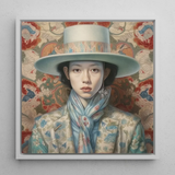Longwei - Gaysian Femboy Cowboy Art Print / Canvas Framed Portrait Woman Elegant Light Blue Wide-brimmed Hat Dandy Gaysian Cowboy, Femboy