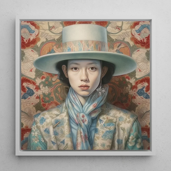 Longwei - Gaysian Femboy Cowboy Art Print / Canvas Framed Portrait Woman Elegant Light Blue Wide-brimmed Hat Dandy Gaysian Cowboy, Femboy