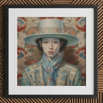 Longwei - Gaysian Femboy Cowboy Art Print / Canvas Mint Green Wide-brimmed Hat Floral Patterned Fabric Dandy Gaysian Cowboy, Elegant Femboy