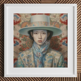 Longwei - Gaysian Femboy Cowboy Art Print / Canvas Mint Green Wide-brimmed Hat Floral Patterned Scarf White Dandy Gaysian Cowboy, Elegant