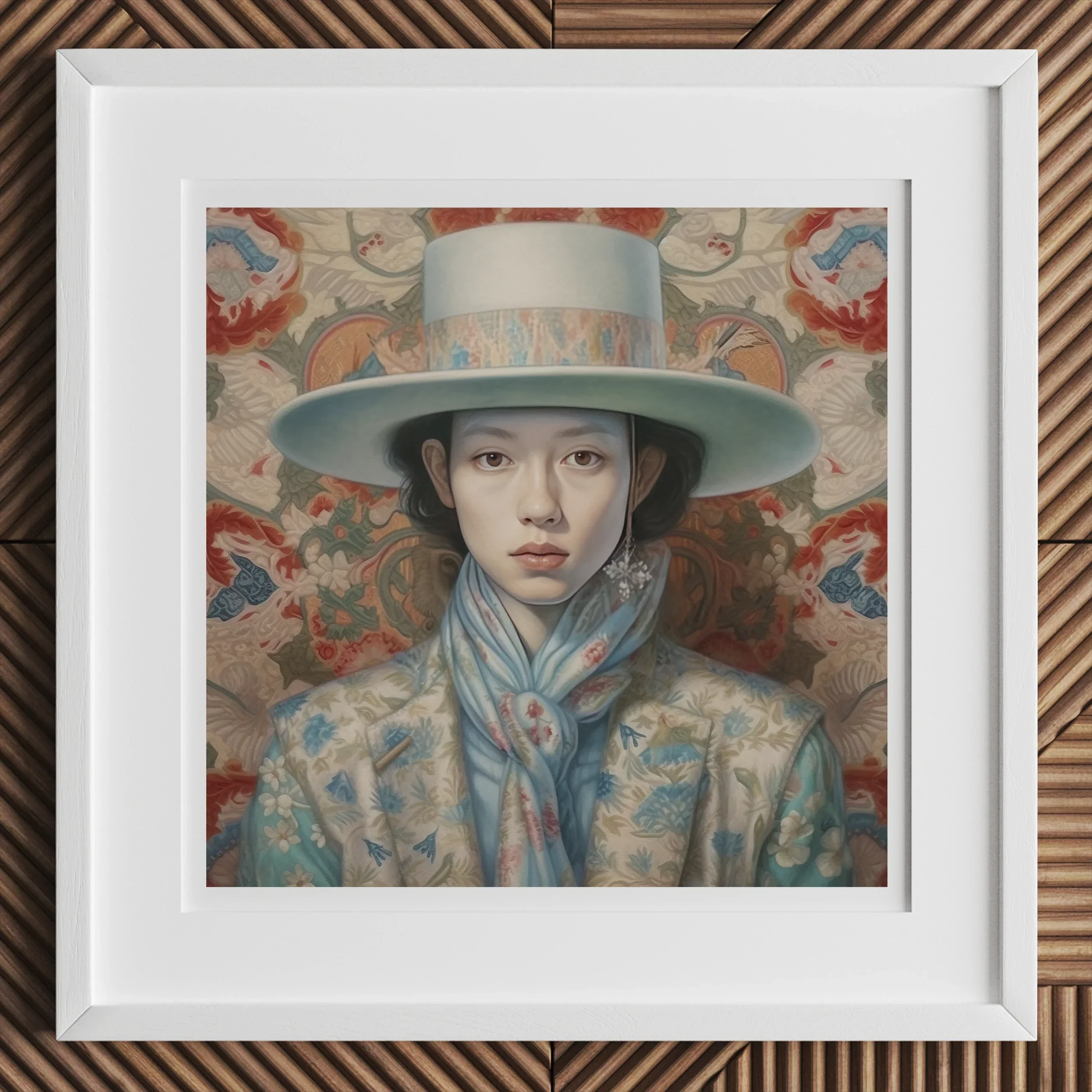 Longwei - Gaysian Femboy Cowboy Art Print, Framed Portrait Painting Figure Wide-brimmed Hat Blue Silk