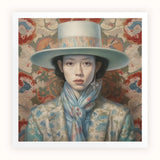 Longwei - Gaysian Femboy Cowboy Art Print, Portrait Painting Person Wide-brimmed Hat Light Blue Scarf