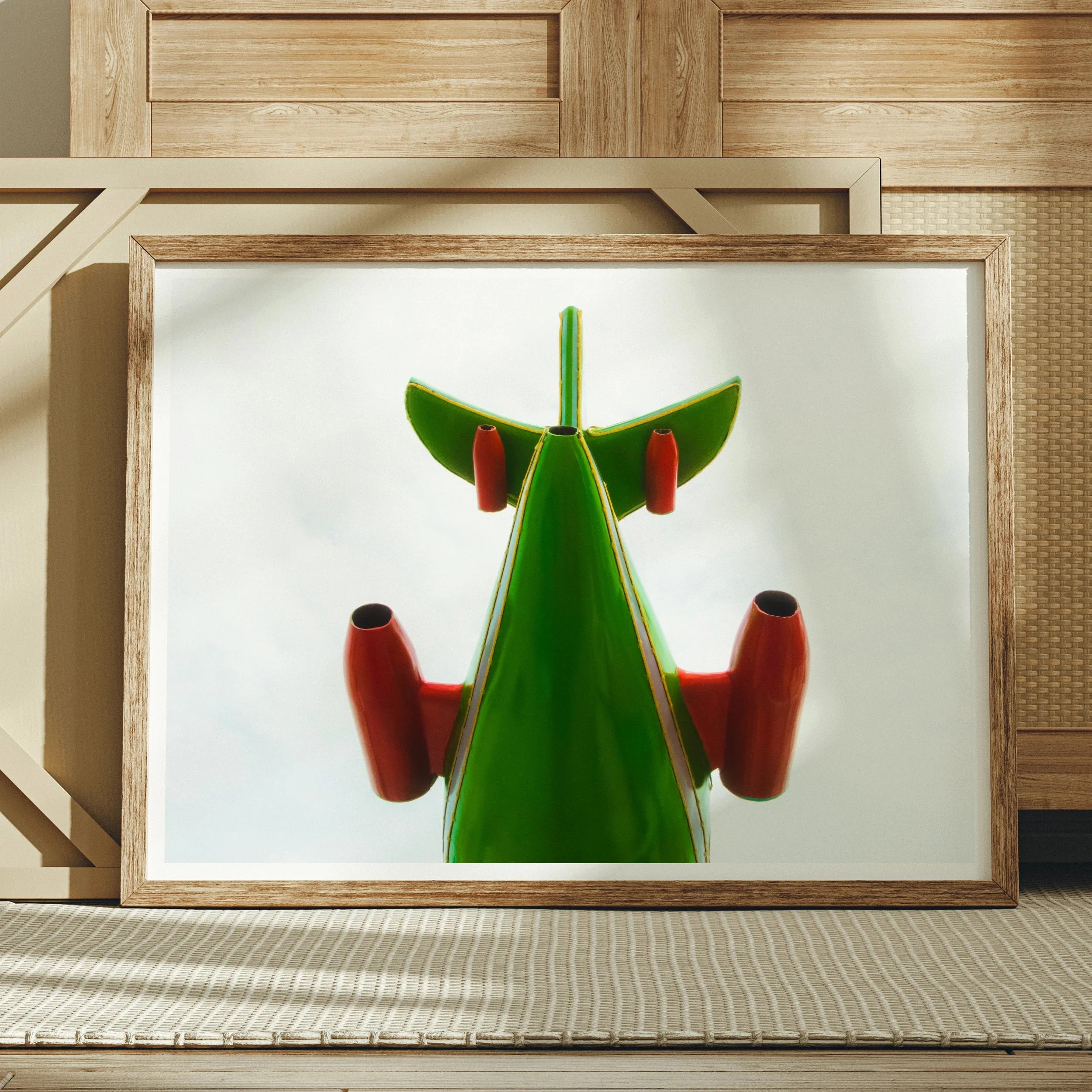 Look Up Giclée Print, Green Geometric Angel Figure Red Wings Feet