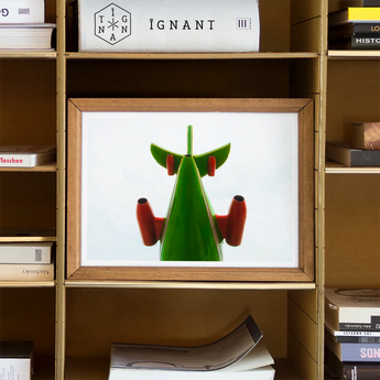 Look Up Giclée Print, Green Red Abstract Figure Stylized Bird Insect Viewed