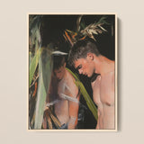 Looking - Beachside Gay Cruising Framed Canvas, 12x16’’ / 31x41cm / Natural Floating Frame, Framed Painting Two Shirtless Men Dark Hair