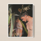 Looking - Beachside Gay Cruising Framed Canvas, 12x16’’ / 31x41cm / White Floating Frame, Painting Two Shirtless Men Dark Leafy