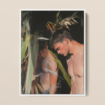 Looking - Beachside Gay Cruising Framed Canvas, 12x16’’ / 31x41cm / White Floating Frame, Painting Two Shirtless Men Dark Leafy