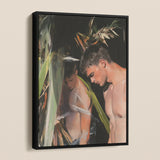 Looking - Beachside Gay Cruising Framed Canvas, Framed Painting Two Shirtless Men Foliage