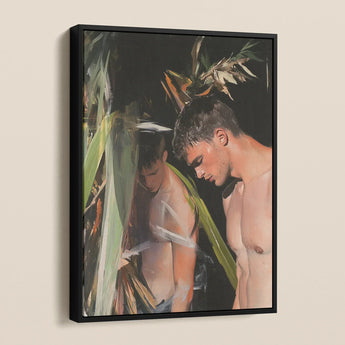 Looking - Beachside Gay Cruising Framed Canvas, Framed Painting Two Shirtless Men Foliage
