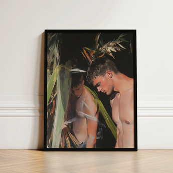 Black-framed Artwork Two Shirtless Men Stylized Painterly Style Gay Surfers Cruising, Art Print, Man’s Hunger, Emerging
