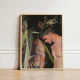 Framed Painting Two Shirtless Men Dimly Lit Tropical Gay Surfers Cruising, Art Print, Man’s Hunger, Emerging